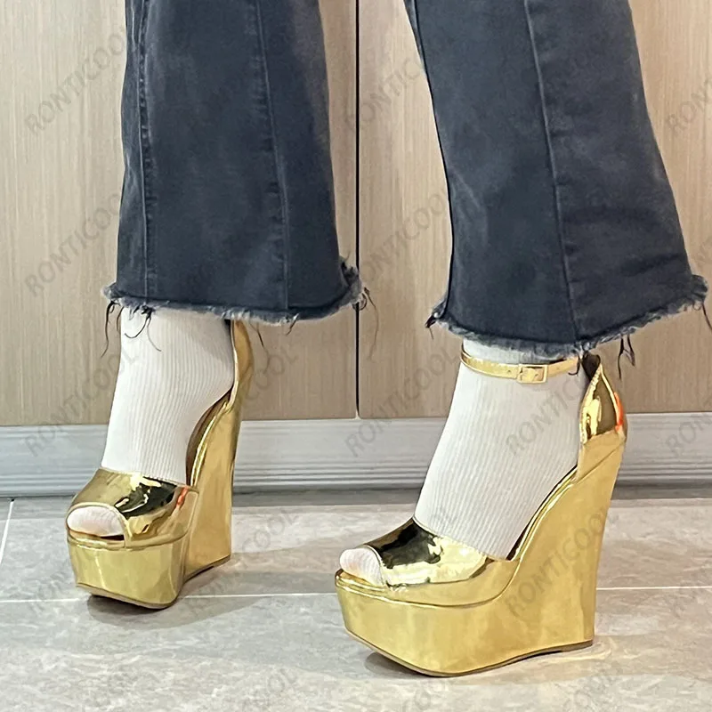 Ronticool Real Photos Women Summer Platform Sandals Wedges High Heels Round Toe Gorgeous Gold Club Shoes US Plus Size 4-20