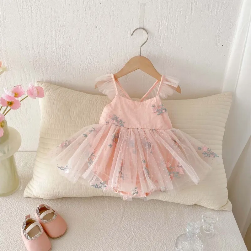Newborn Baby Girl Cotton Floral Embroidery Tulle Dress Romper Infant Sleeveless Ruffle Princess Jumpsuit Summer Clothes 3-18M