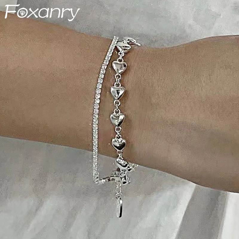 Foxanry-pulsera Chian de doble capa para mujer y parejas, brazalete de circonita brillante y elegante, Color plateado, joyería de fiesta de corazón de amor