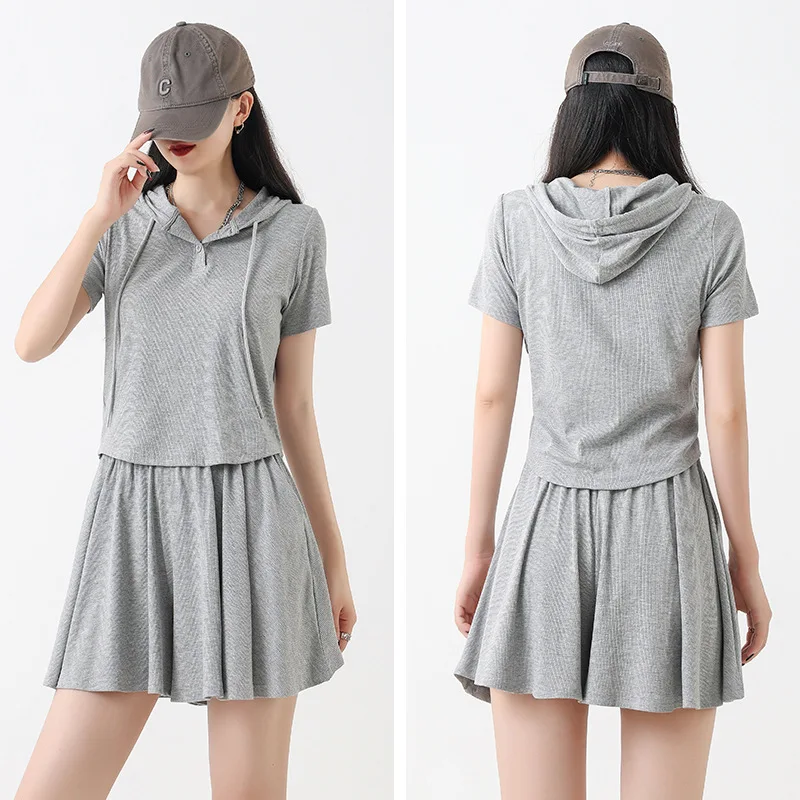 Skirt Shorts Set Women Short Sleeve with Pockets Hooded Neck Tops High Elastic Waist Shorts Set Leisure Female Sports Outfits