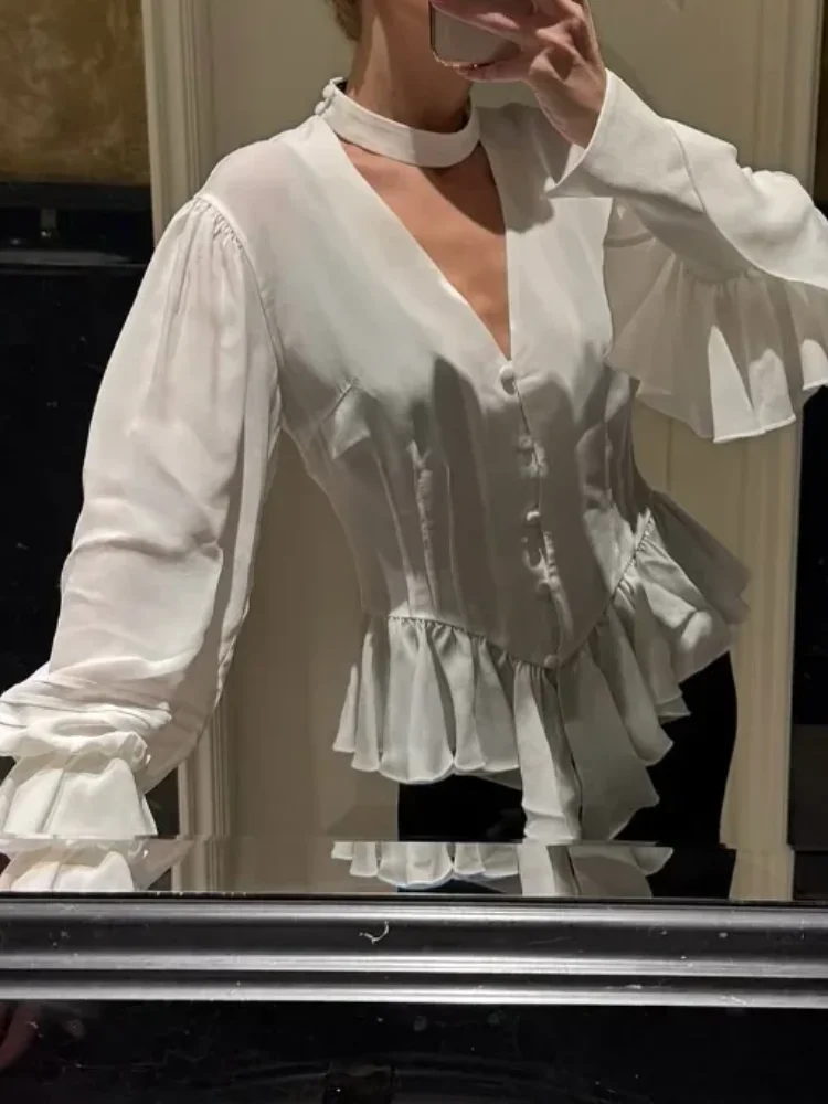 

White Elegant Ruffle Shirts Women Chic V-neck Single Breasted Long-sleeved Waist Cinching Blouse 2026 Lady Commute Office Shirts