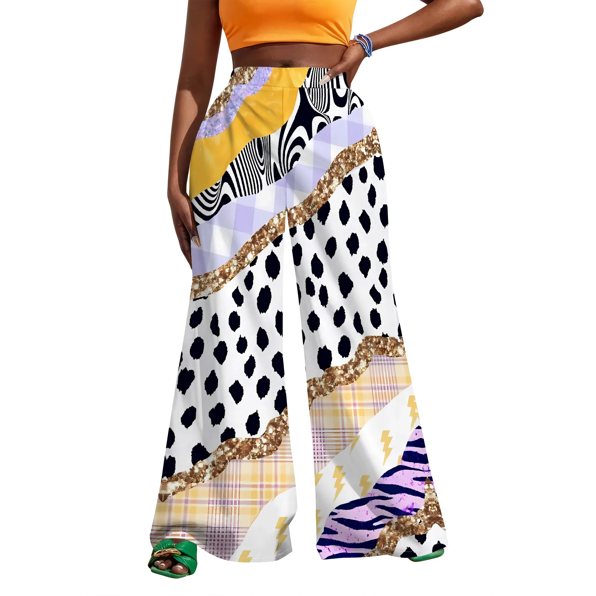 Patchwork Print Wide Leg Pants for Women Leopard Plaid Striped Mix Trendy High Waist Look