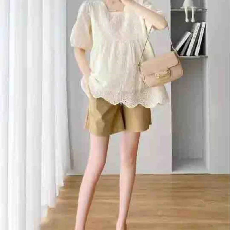 Set Gaun Musim Panas Wanita Hamil Baru 2025 Atasan Lengan Pendek Renda Mode Celana Pendek Tipis Set 2 Potong Set Lengan Pendek HamilLH814