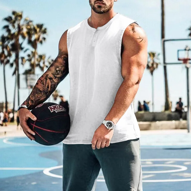 Man\'s Henry collar Vest Summer male Casual Tank-top Sports Sleeveless Top Cotton Fitness Flower Print Solid Color Mens Clothes
