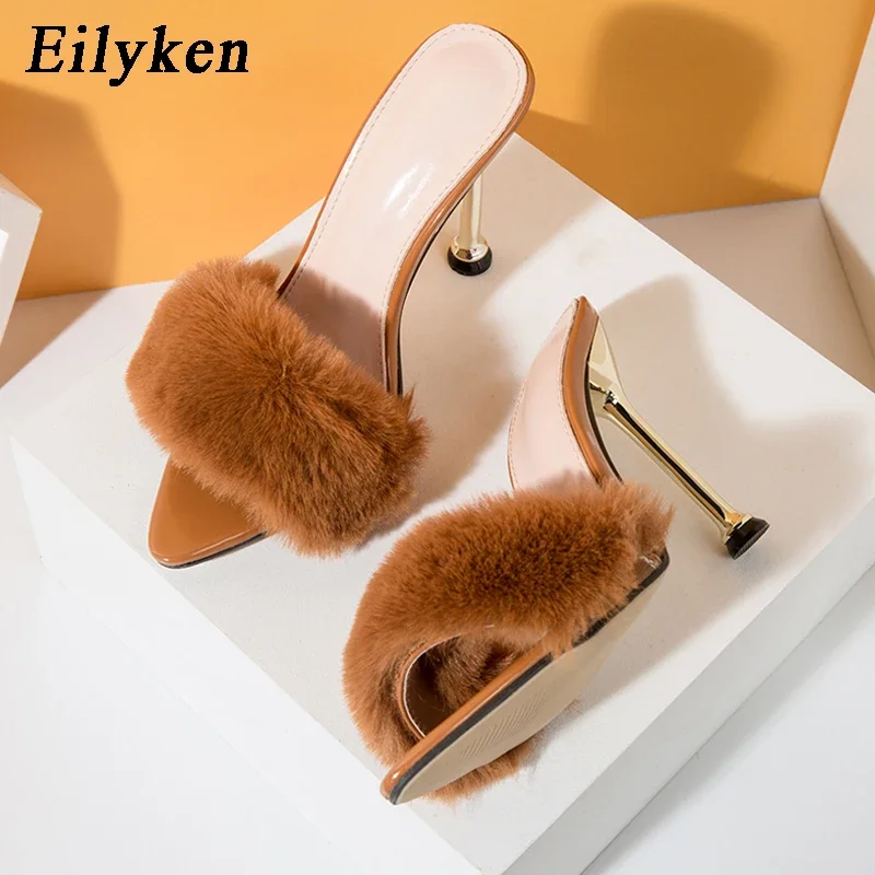 Eilyken Summer Fashion Design Fluffy Fur Pointed Toe Women Slippers Stiletto Heels Mules Slide Ladies Shoes