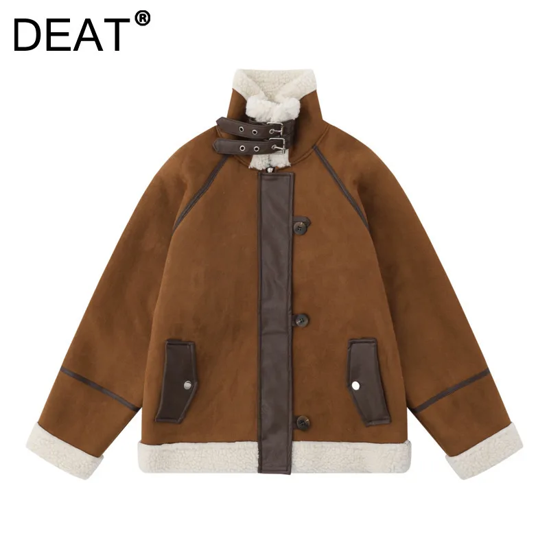 DEAT Women's Coat Lamb Fur Stand Collr Pu Buckle Loose Raglan Sleeves Thick Vintage Outerwear 2024 New Fashion Winter 29L8737