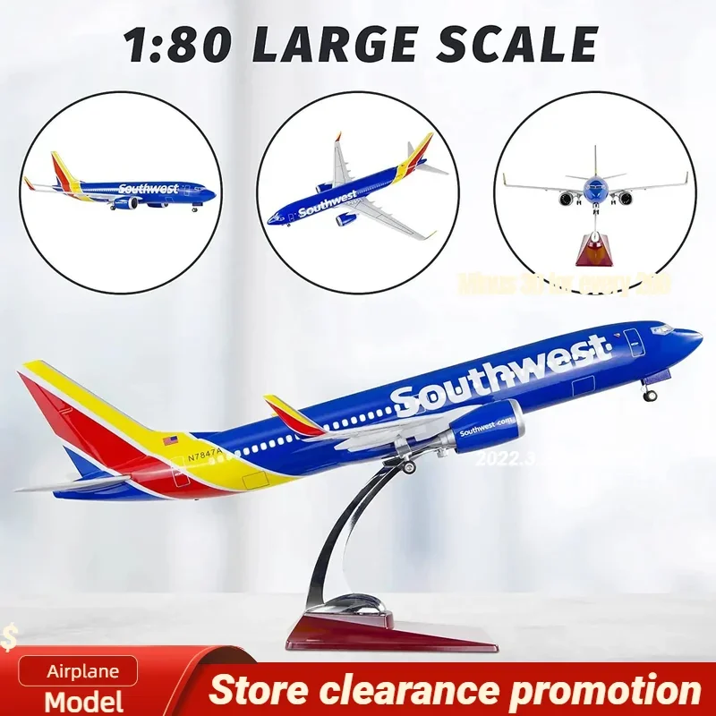 1:80 Scale Large Model Airplane Southwest Airlines Boeing 737 Plane Models Diecast Airplanes with LED Light for Collection