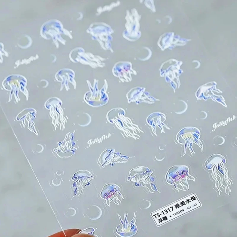 해파리 여름 해변 소프트 릴리프 자체 접착 네일 아트 장식 스티커, 블루 컬러 쉘 바다 인어 3D DIY 네일 데칼