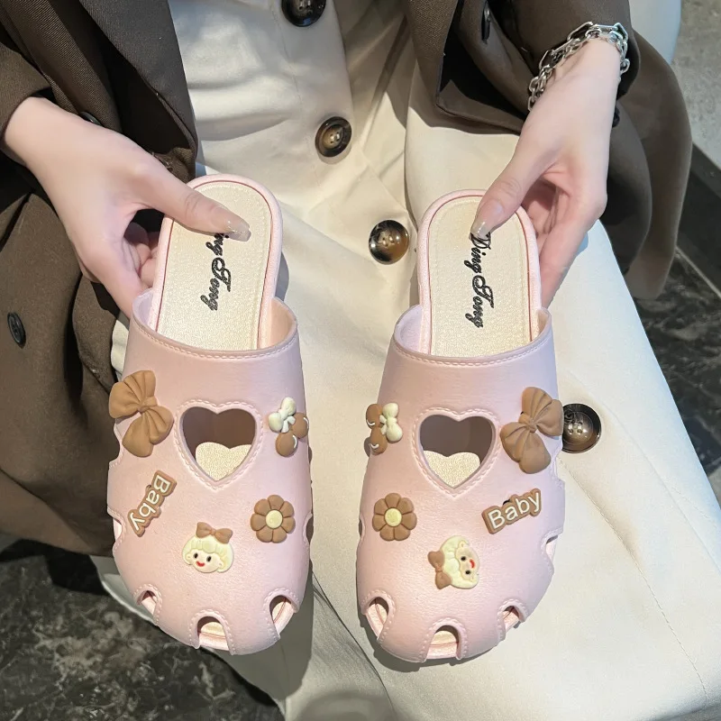 

Summer Women's Cute Bowknot Closed Toe Mules Sweet Cartoon Decor Flat Sandals Fashion Ins Style Outdoor Casual Slippers