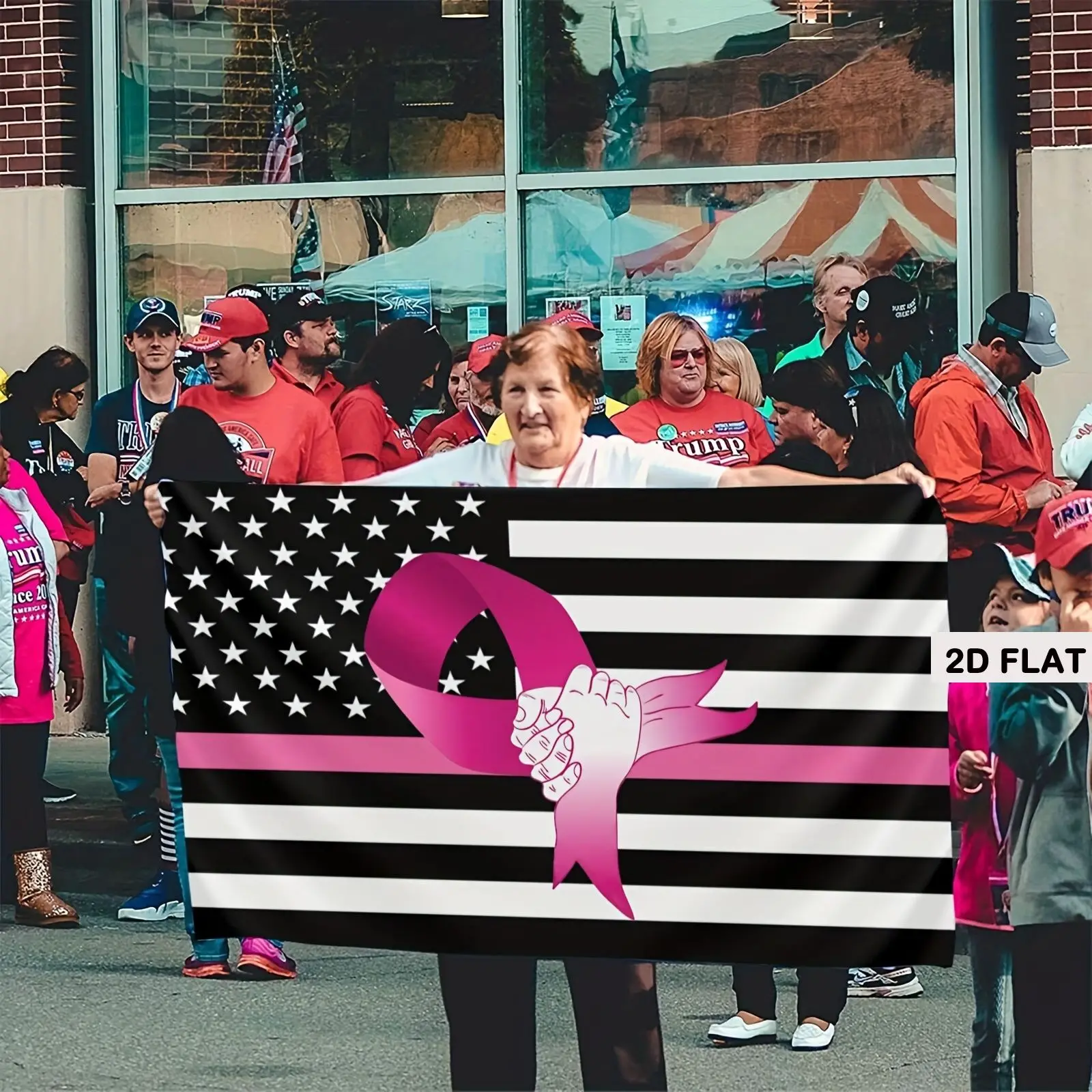 2D FLAT 1pc, Funny Flag Banner Wth American Flag with Pink Ribbon and Fist Perfect for Indoor and Outdoor, Polyester Material view 6