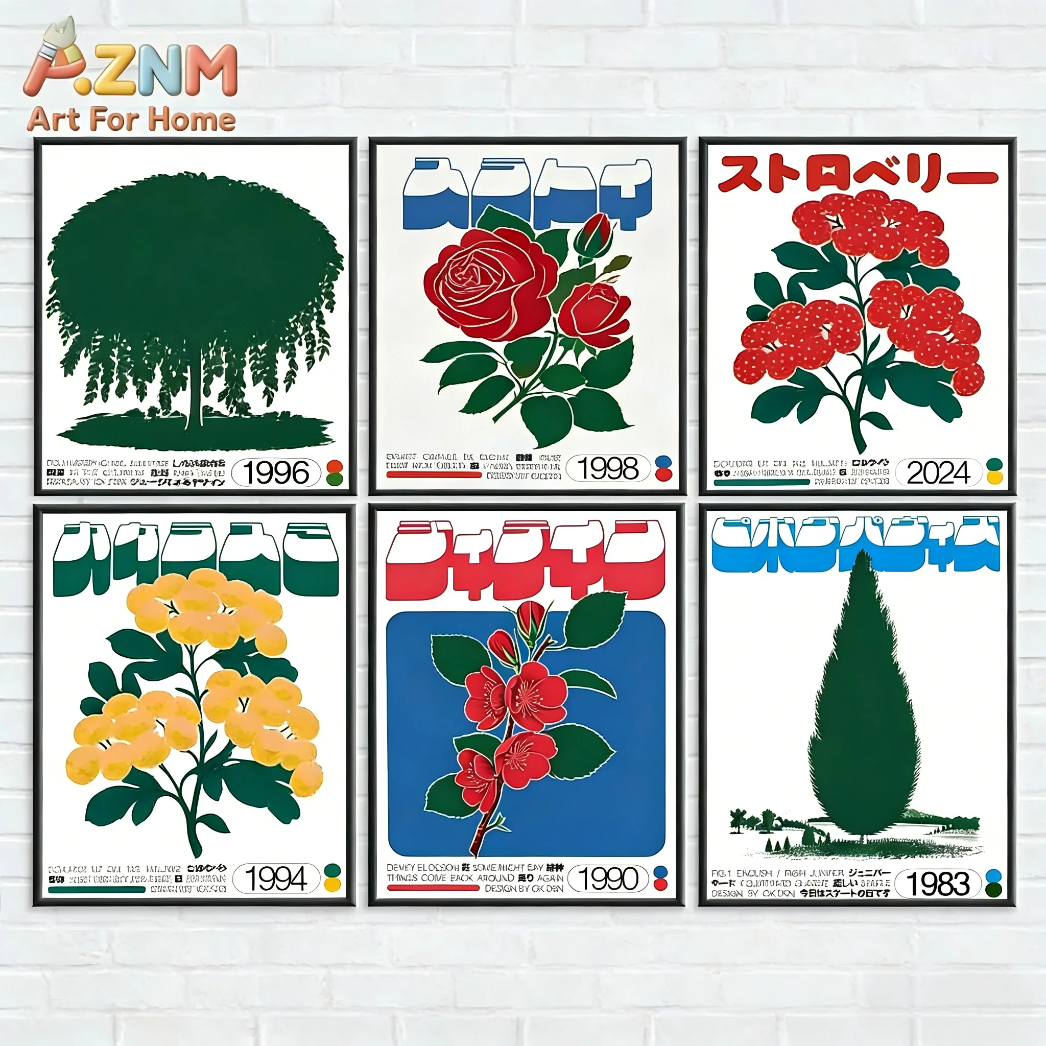 

AZNM Японский ретро-постер на холсте с ботаническими мотивами, безрамный, однопанельный, с изображением цветов и деревьев, винтажный, природный стиль