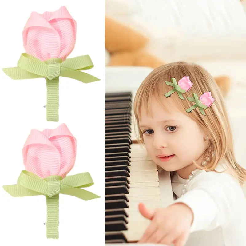 

ncmama New Pink Rose Flower Hair Clips for Toddler Cute Handmade Ribbon Flowers Hairpin Barrettes Headwear Baby Hair Accessories