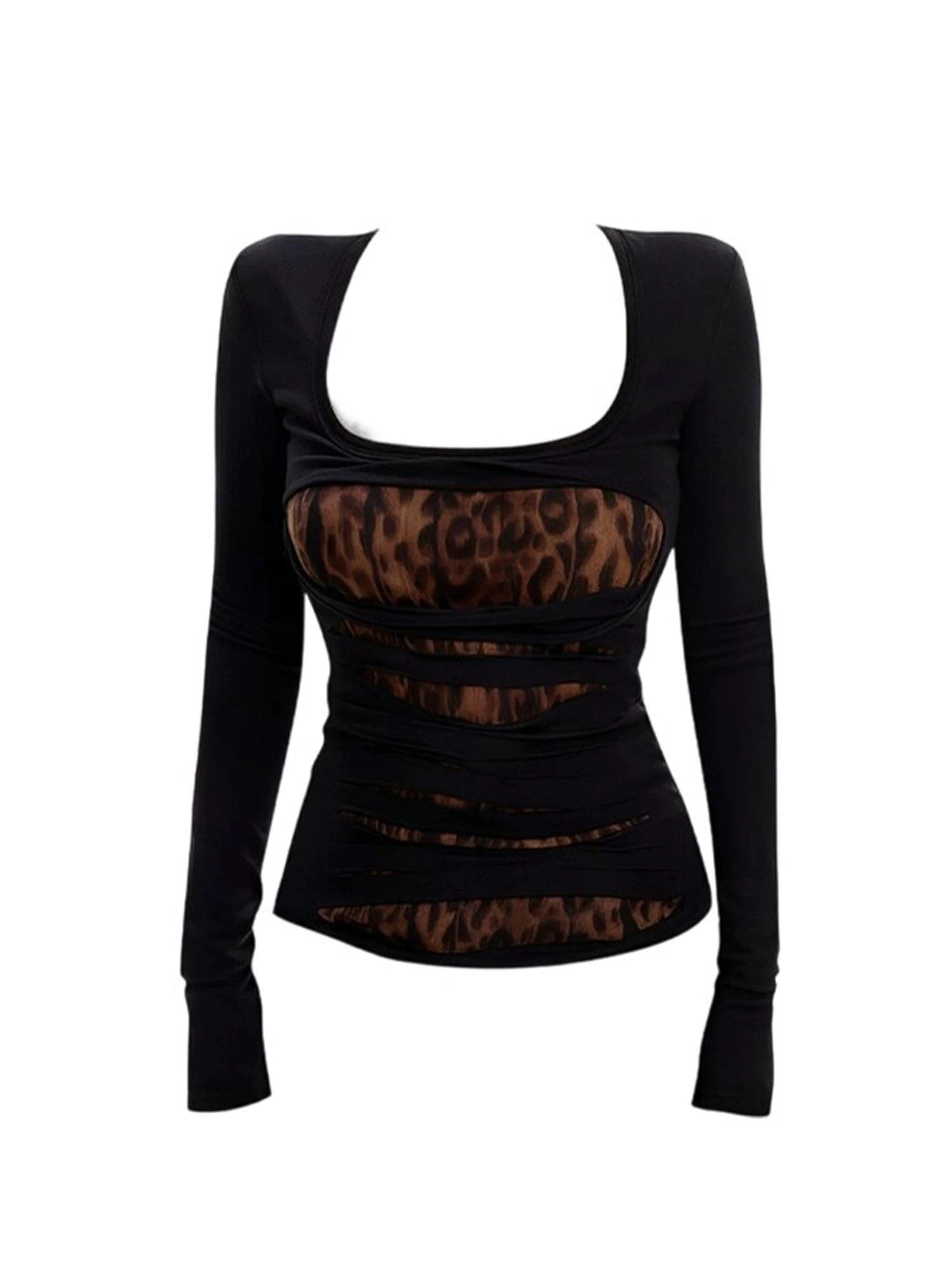 Women's Black Gothic Y2k T-shirt Gyaru Tee Top 2000s Vintage Aesthetic Long Sleeve Leopard Emo T-shirts Clothes Spring Autumn