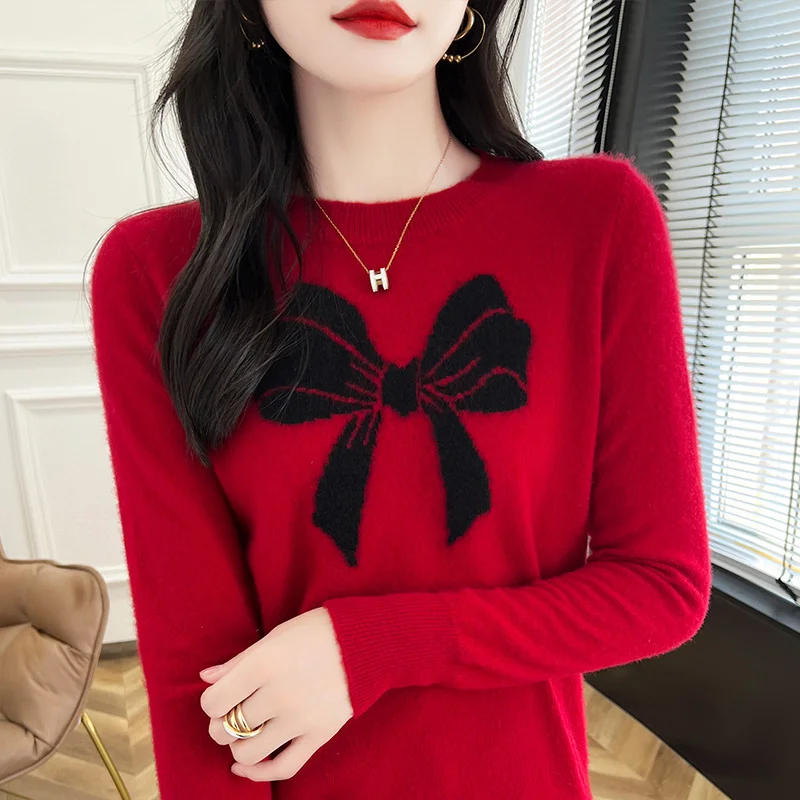 Autumn and Winter New 100% Wool Sweater Women's Casual O-Neck Pullover Loose Knitted Sweater Fashion Embroidered Women's Top