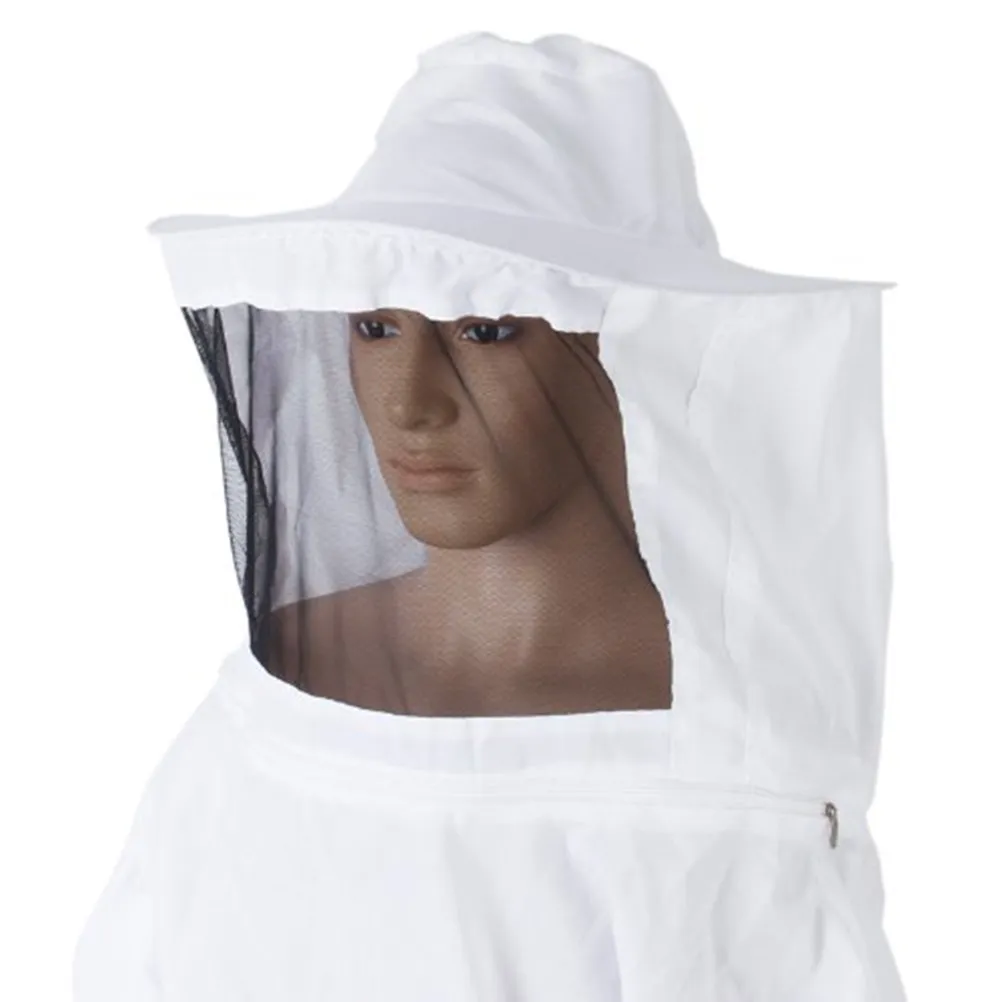 Beekeeping Suit with Integrated Black Net Veil Strong Cotton Smock Elastic Waist Cuffs Free Size White Round Hat Visibility