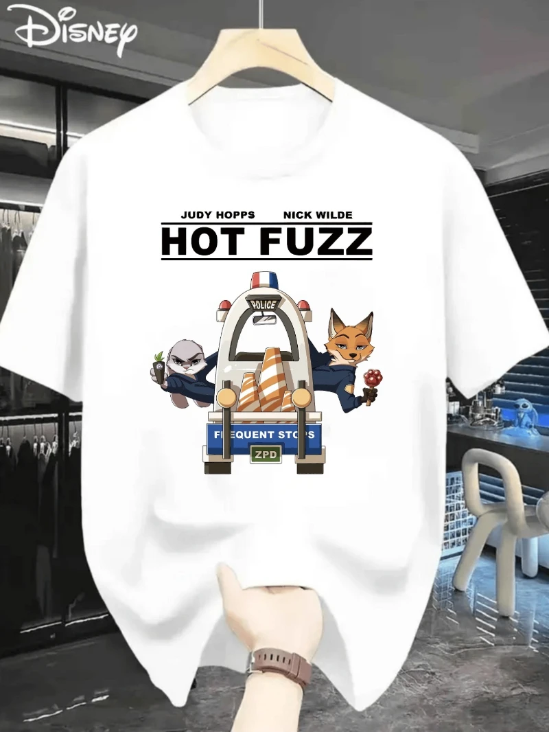 تي شيرت ديزني زوتوبيا للرجال من Nick Wild and Judy Hopps Hot Police Car نمط صيفي كاجوال رياضي قطني مريح فضفاض