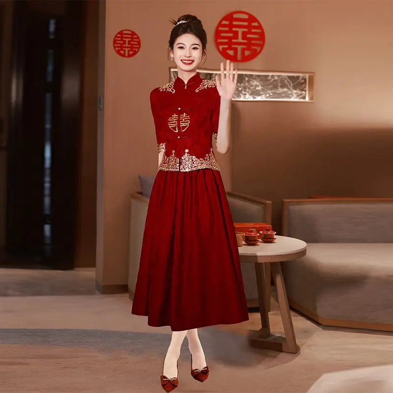 

Yourqipao Red Chinese Cheongsam Toast Dress Women Xiuhe Engagement Wedding Dress New Year Qipao Skirt