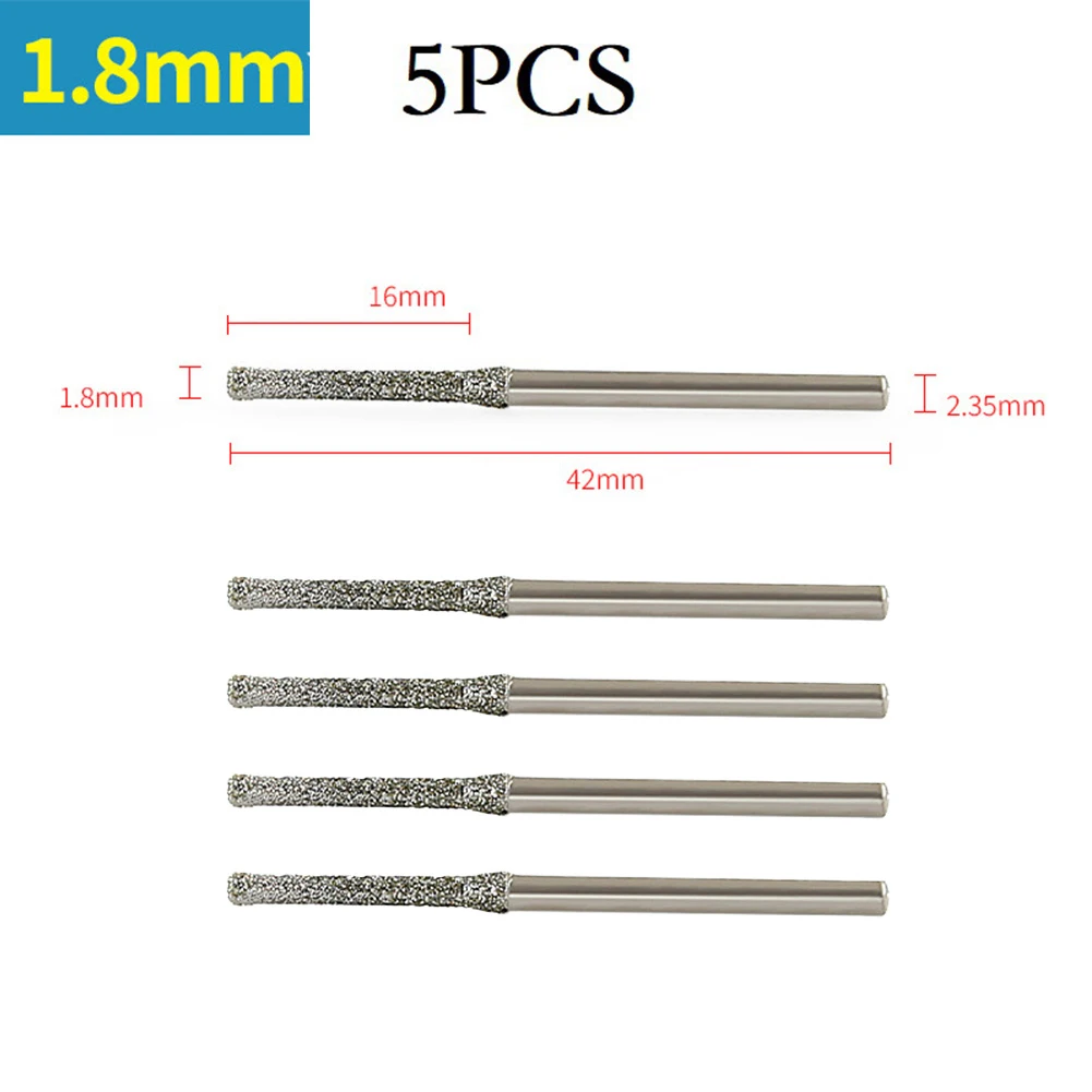 5PCS Diamond Coated Drill Bits 0.8-2.5mm Head 2.35mm Shank For Glass Jade Amber Glass Diamond Drill Bit
