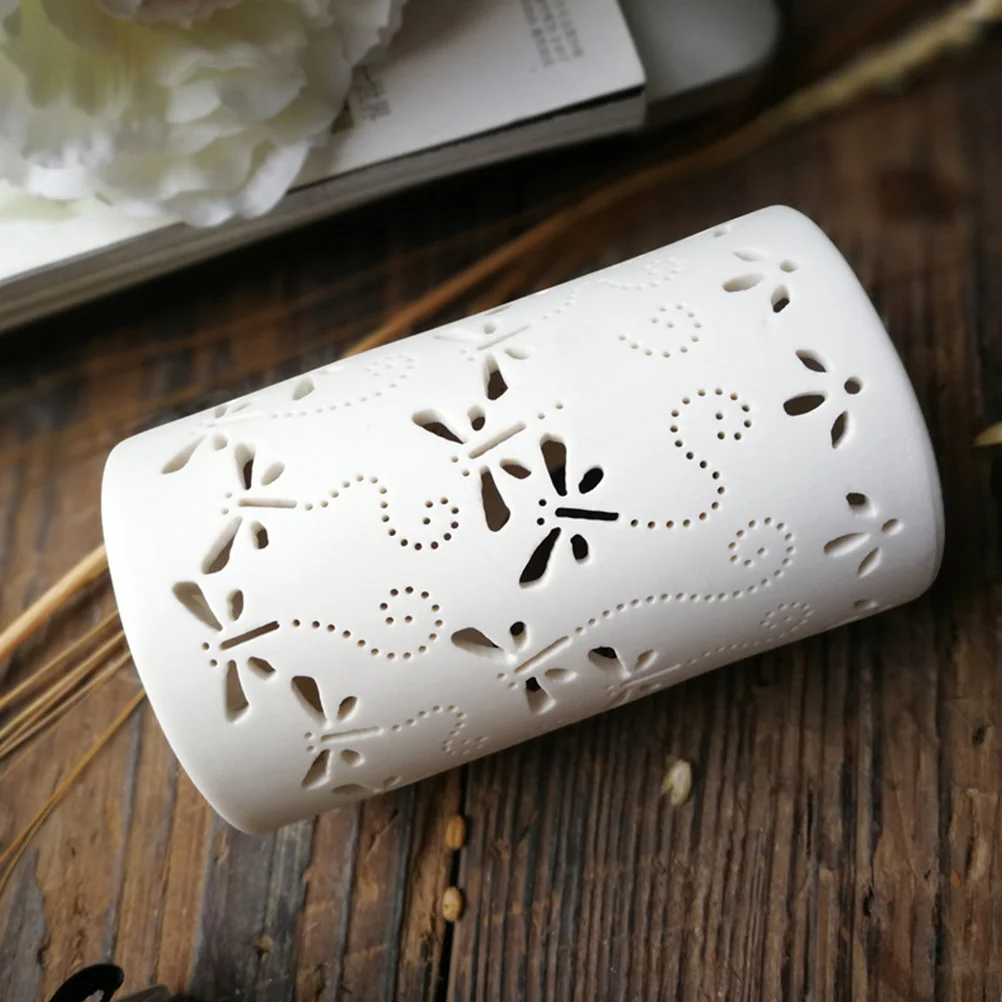 

Ceramic Tea Light Holder Hollow Dragonfly Rack White Decorative Essential Oil Burner Aromatherapy for Living Room Garden