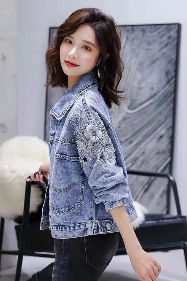 

2025 New Women Cropped Denim Jacket Heavy Embroidered Lace Trim Boho Chic Oversized Blouse Spring Autumn Casual Beaded Outerwear