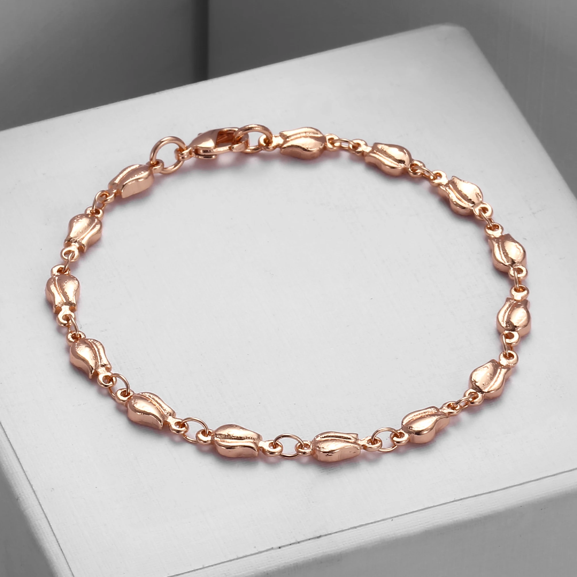 4mm Tulip Bud Bead Link Chain Bracelet 585 Rose Gold Color For Women Mom Jewelry Gifts 18cm 20cm 23cm GB394