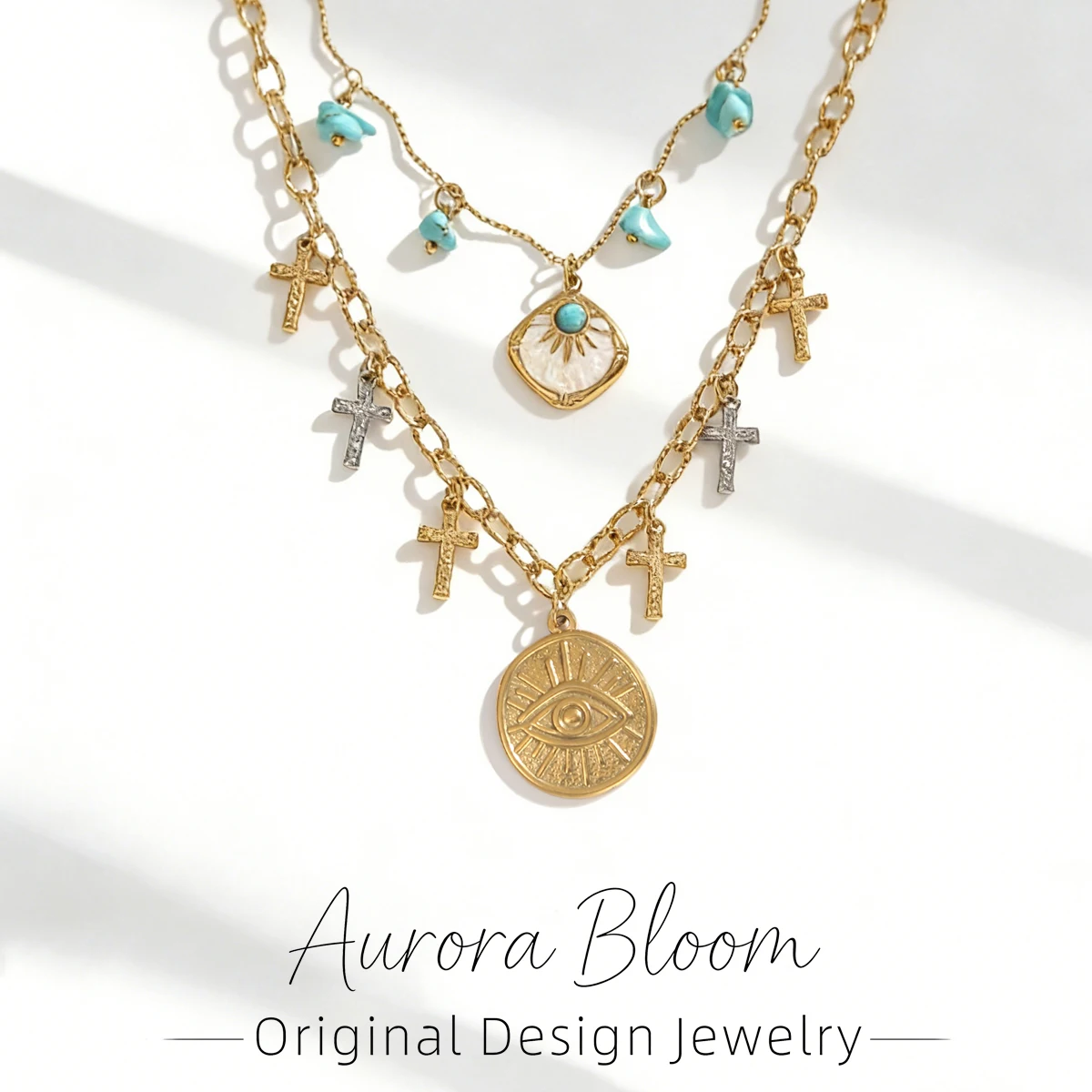 

AURORA Stainless Steel Evil Eye Pendant Necklaces For Women's Religion Double-Layer Necklace Women's Choker Waterproof Jewelry