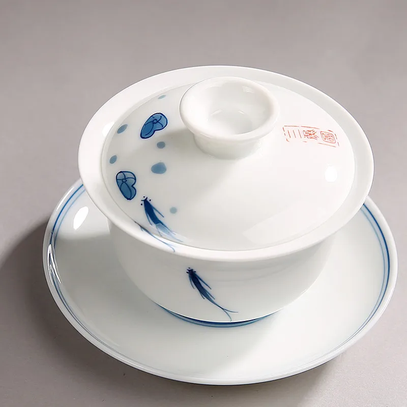 Jingdezhen Ceramic Gaiwan Large Capacity Blue and White Porcelain Tureen Tea Strainer Office Retro Hand-painted Tea Cup