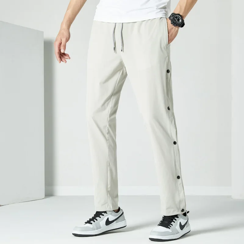 Pantalon de survêtement d'été à séchage rapide pour homme, bouton latéral sportif, maille respirante, pantalon de survêtement décontracté, jogging droit, fjger