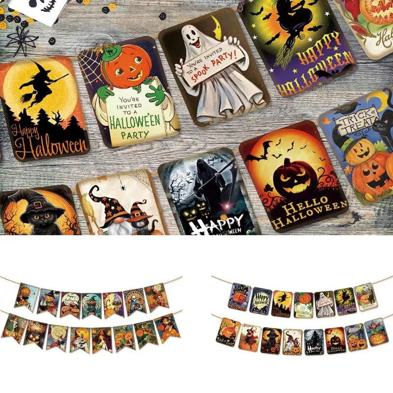 Halloween Pumpkin Banner Garland Ghost Pumpkin Halloween Decorations Halloween Party Banner Reusable Bunting Banner with Pumpkin