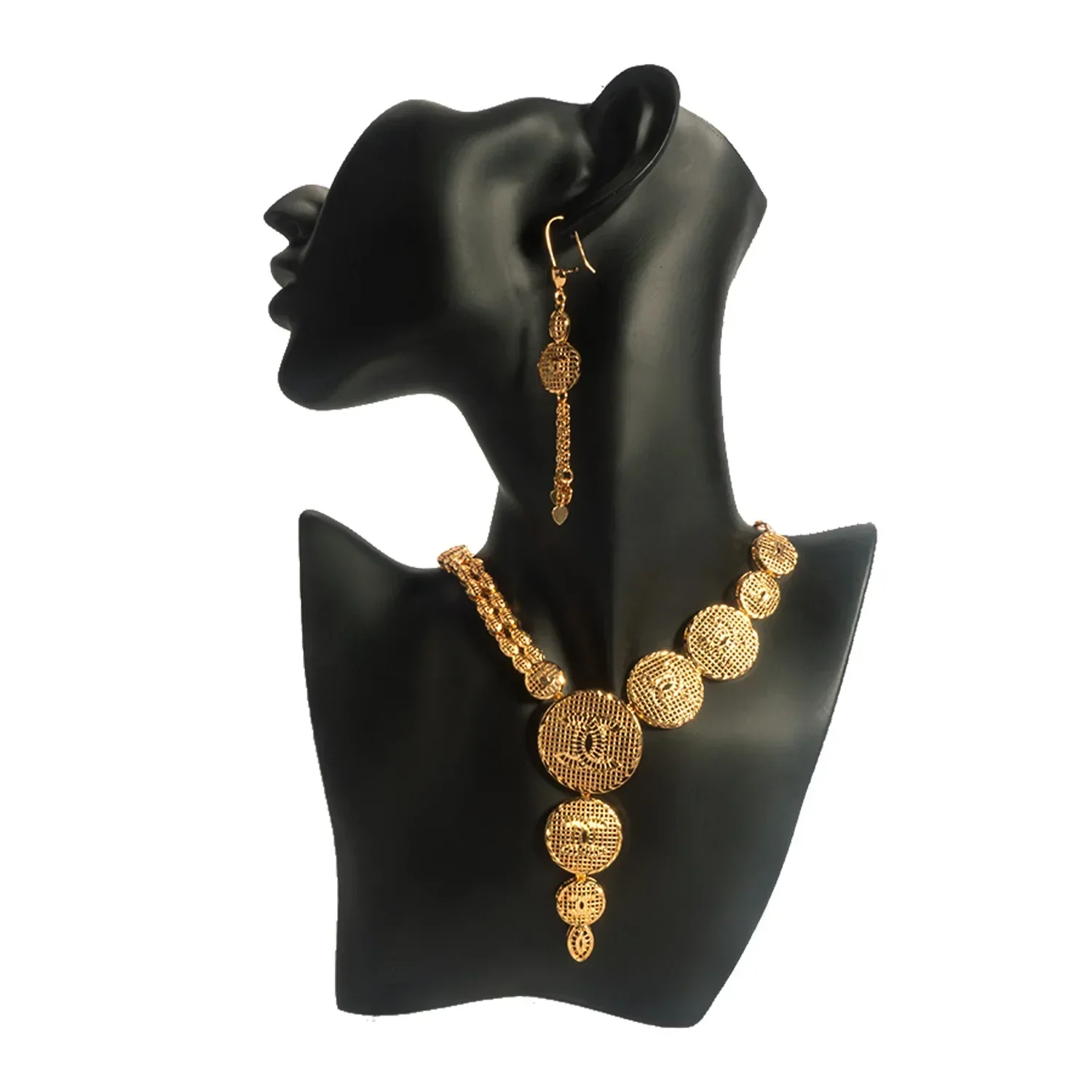 GoldEclat  Dubai Africa 9999 24K Real Gold Women's Jewelry Set Middle Eastern Bridal Necklace Earring Ring Bracelet Four-Piece S