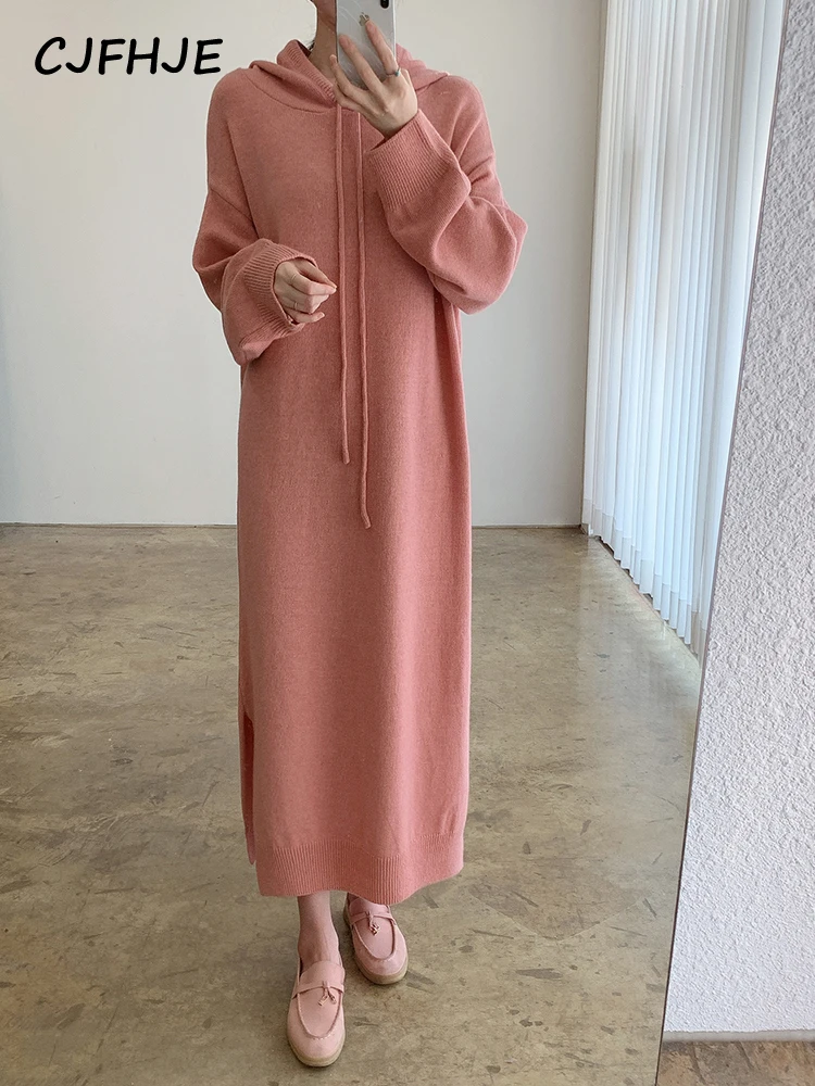 CJFHJE Autumn Winter Gray Sweater Dress Female Long Sleeve Pink Knitted Maxi Dresses Lady Black Hooded Oversize Pullover Dresses