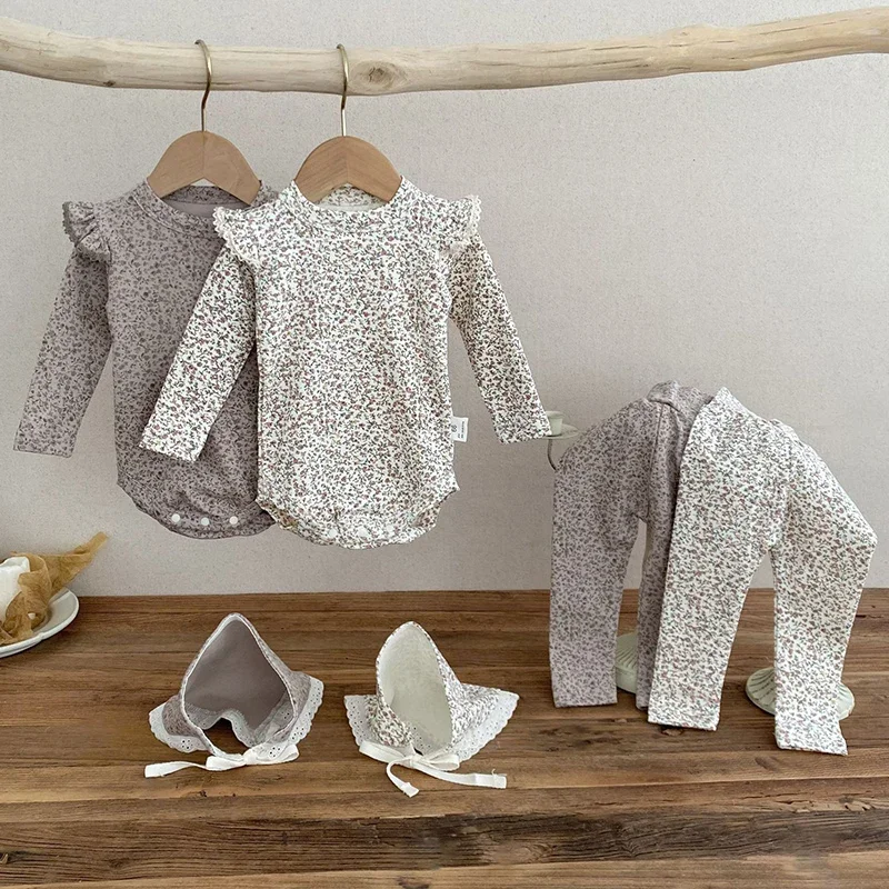 

2024 New Autumn Infant Baby Girls Clothing Set Long Sleeved Cotton Printed Jumpsuit+Pants+Hat Children Pajamas Suit