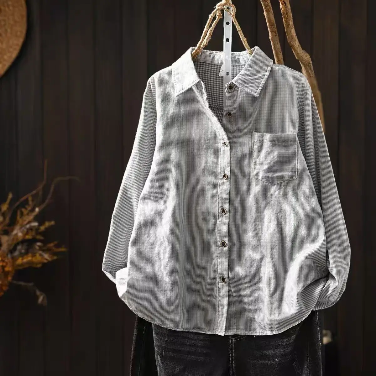 100% Cotton Yarn Women's Long Sleeve Top Japanese Style Gray Pink Green Black Stripes Blouses Ladies Fitted Shirt view 4