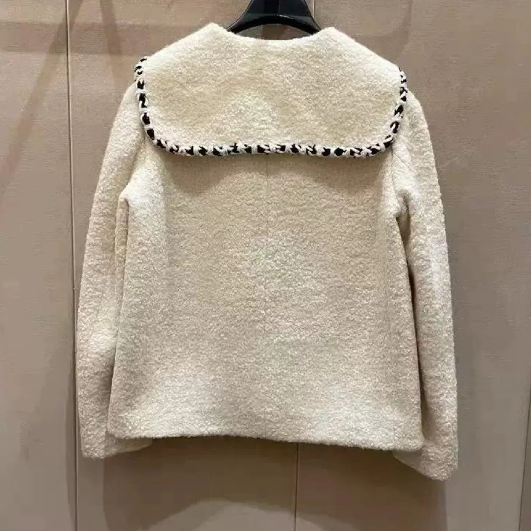 

M*NE Winter Coats Korean Sle Knitted Woolen Jaet Rough Weave Navy Collar Poster Sle Floral Lace Casual Outerwear