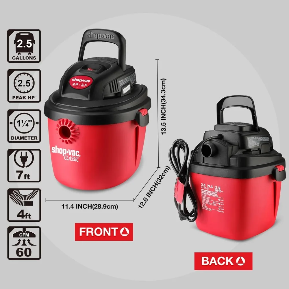 Vacuum Basah/Kering 2.5 Galon dengan 2.5 HP, Desain Portabel, Pemasangan di Dinding & Aksesoris untuk Penggunaan di Rumah