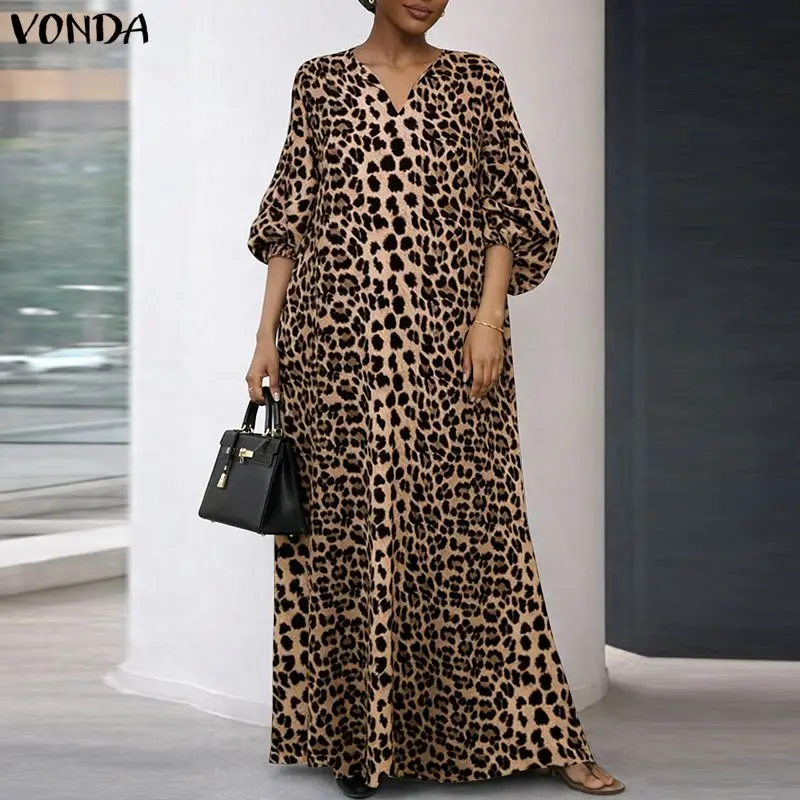 

Women Long Maxi Dress Fashion VONDA 3/4 Sleeve Summer Plus Size Dress Casual Party Leopard Print Sundress Puff Sleeve Vestidos