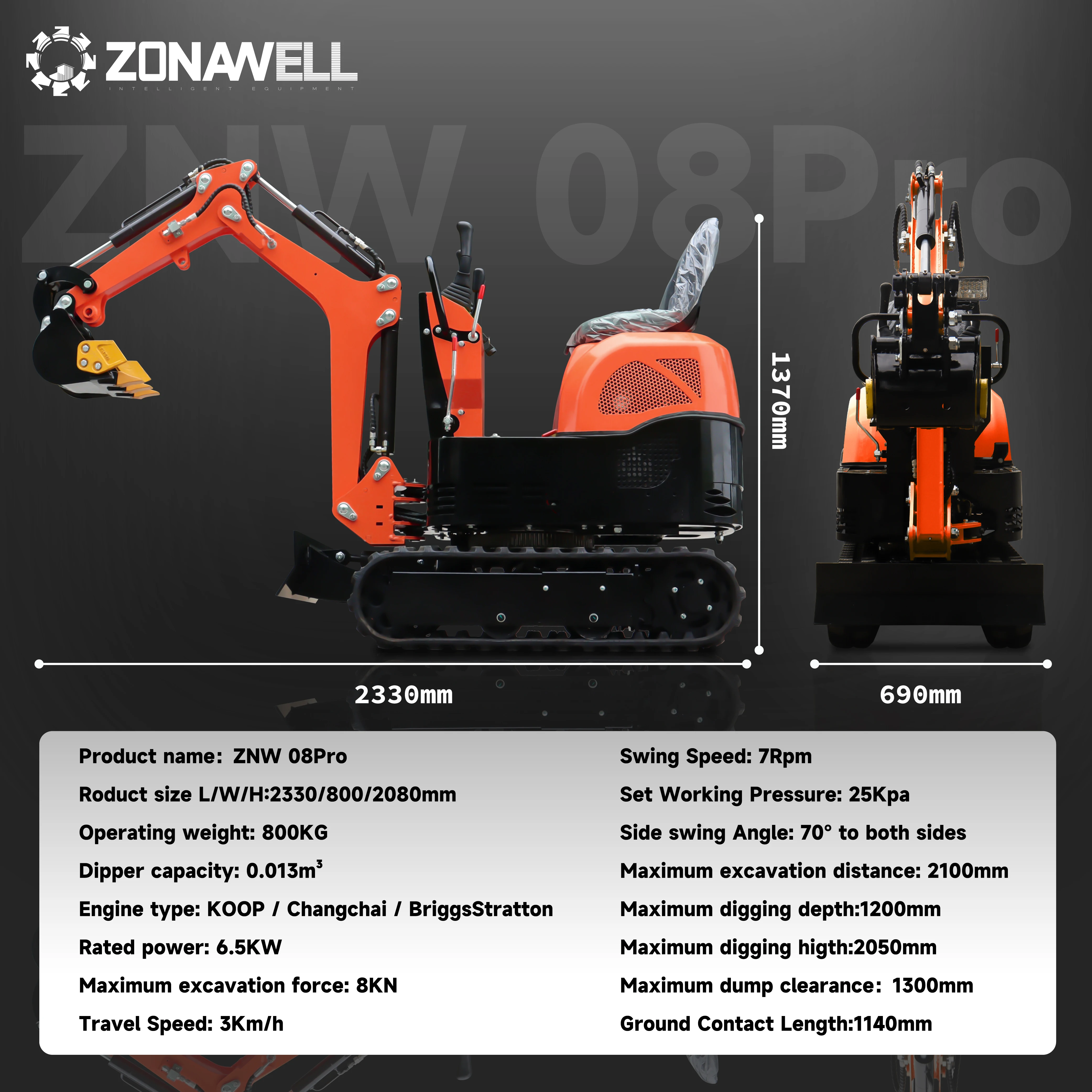 รถขุดขนาดเล็กไร้ท้ายใหม่ 0.8 ตันเครื่องยนต์ EPA รถขุดขนาดเล็กเหมาะสําหรับการก่อสร้างในเมืองและการปรับแต่งภูมิทัศน์