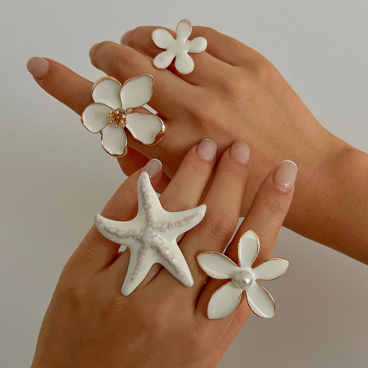 New European American Drip Oil Five Petal Flower Three-Dimensional Starfish Ring Ladies Exaggerated Opening High-End Feeling