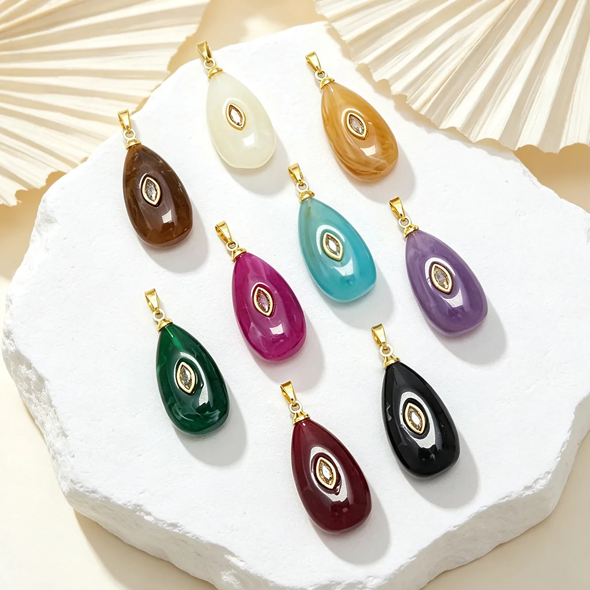 Hamsa Hand & Evil Eye Resin Pendant Gold Plated Multi-Color Stone-Look Charm for DIY Necklace Jewelry Making Healing Amulet Gift