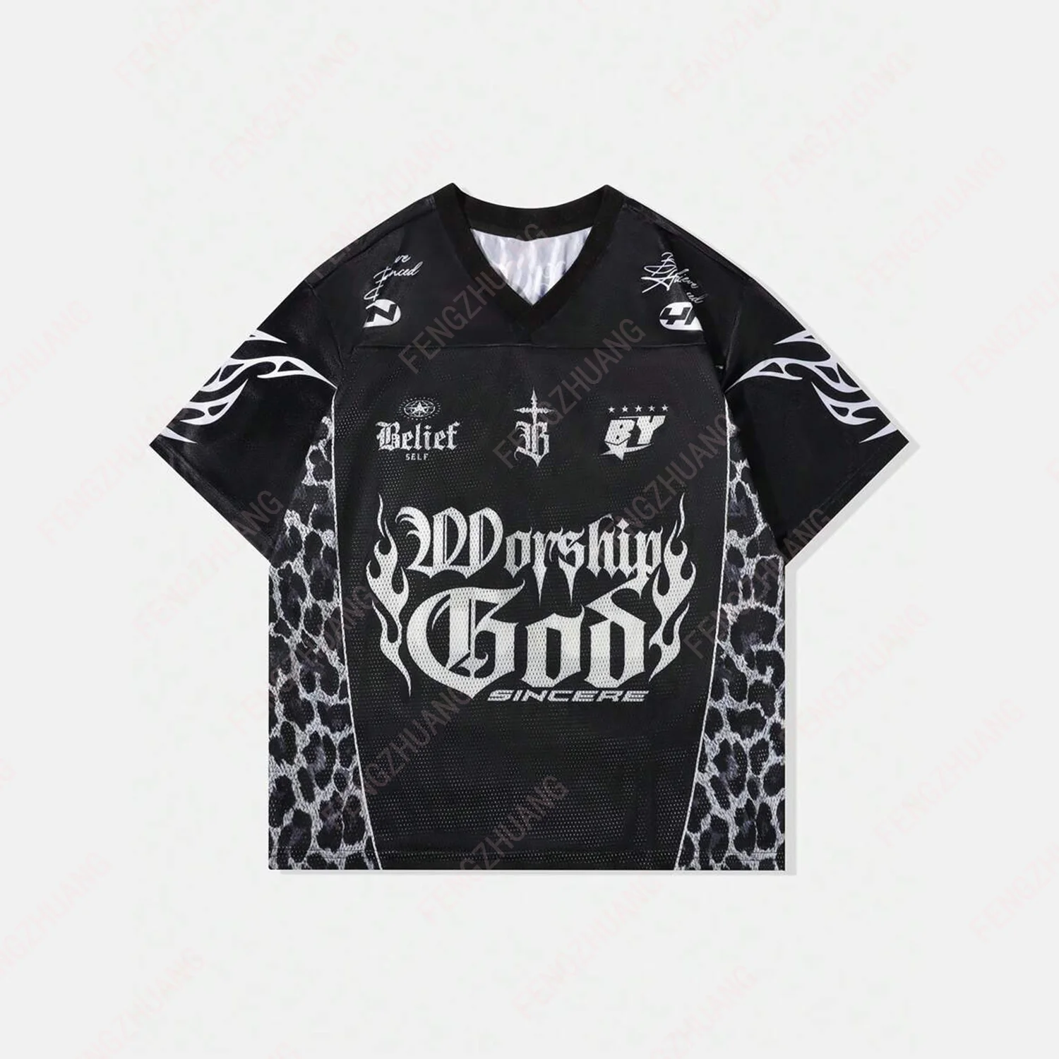 2024 unisex Summer Leopard Print Streetwear Soccer Jersey Short Sleeve Sports T-Shirt Mesh & Glossy Fabric Patchwork Summer