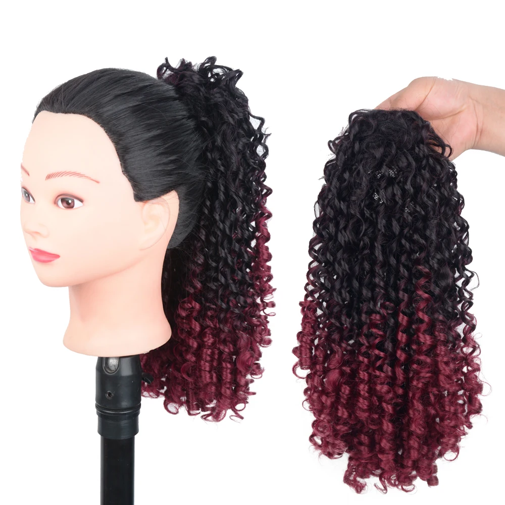 14 Inch Ombre Red Drawstring Ponytail Extension for Black Women Synthetic Curly Drawstring Ponytail Extensions With 2 Clips On