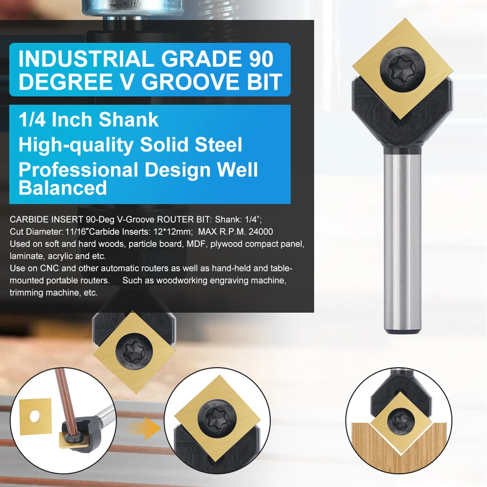 XCAN Milling Cutter 90 Degrees V Groove Bit with Carbide Insert Wood Router Bit for Woodworking Engraving Carving 1/4 Shank