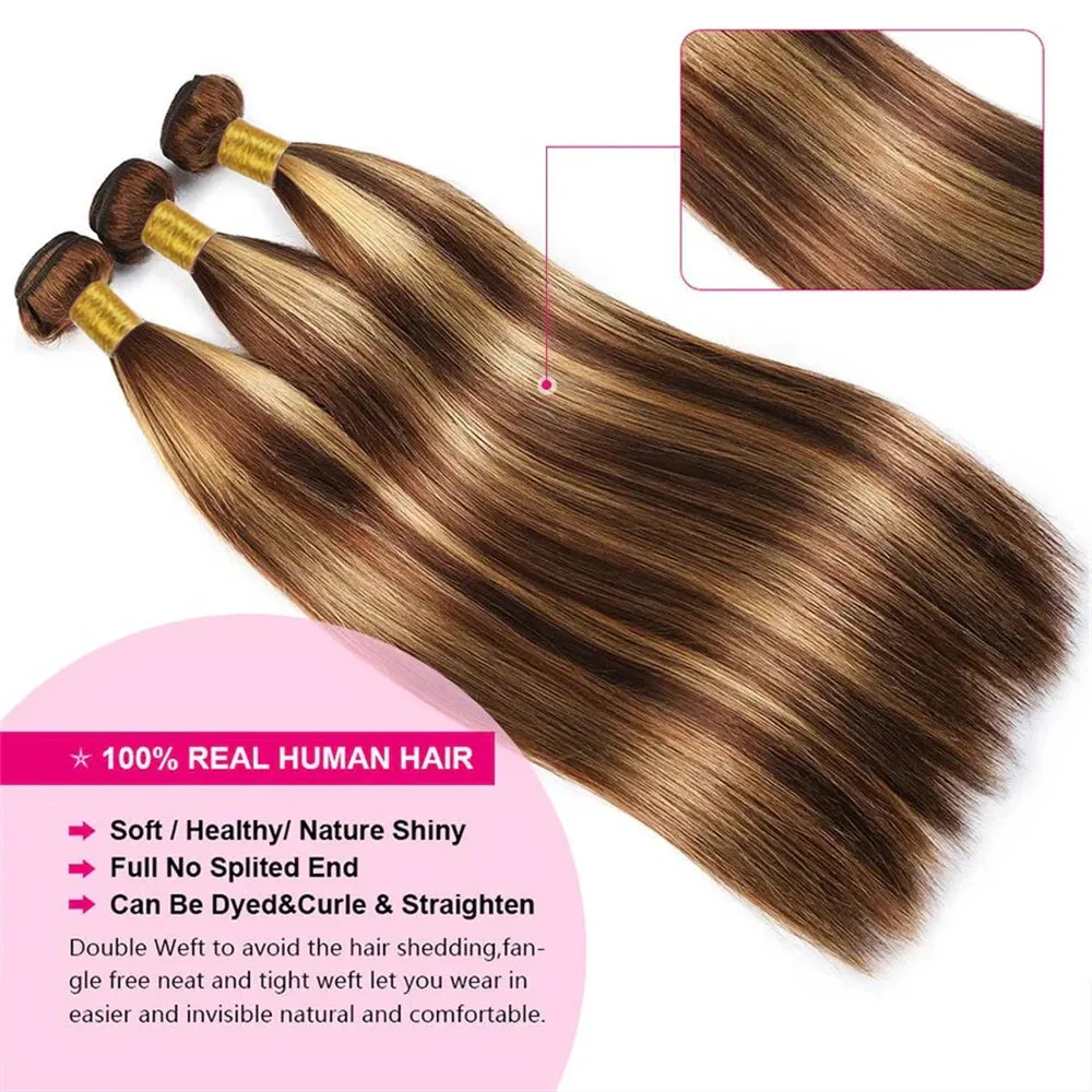 Highlight Straight Bundles Human Hair P4/27 Honey Blonde Brazilian Remy Human Hair Double Weft Weave Extension 30 Inch 3 Bundles