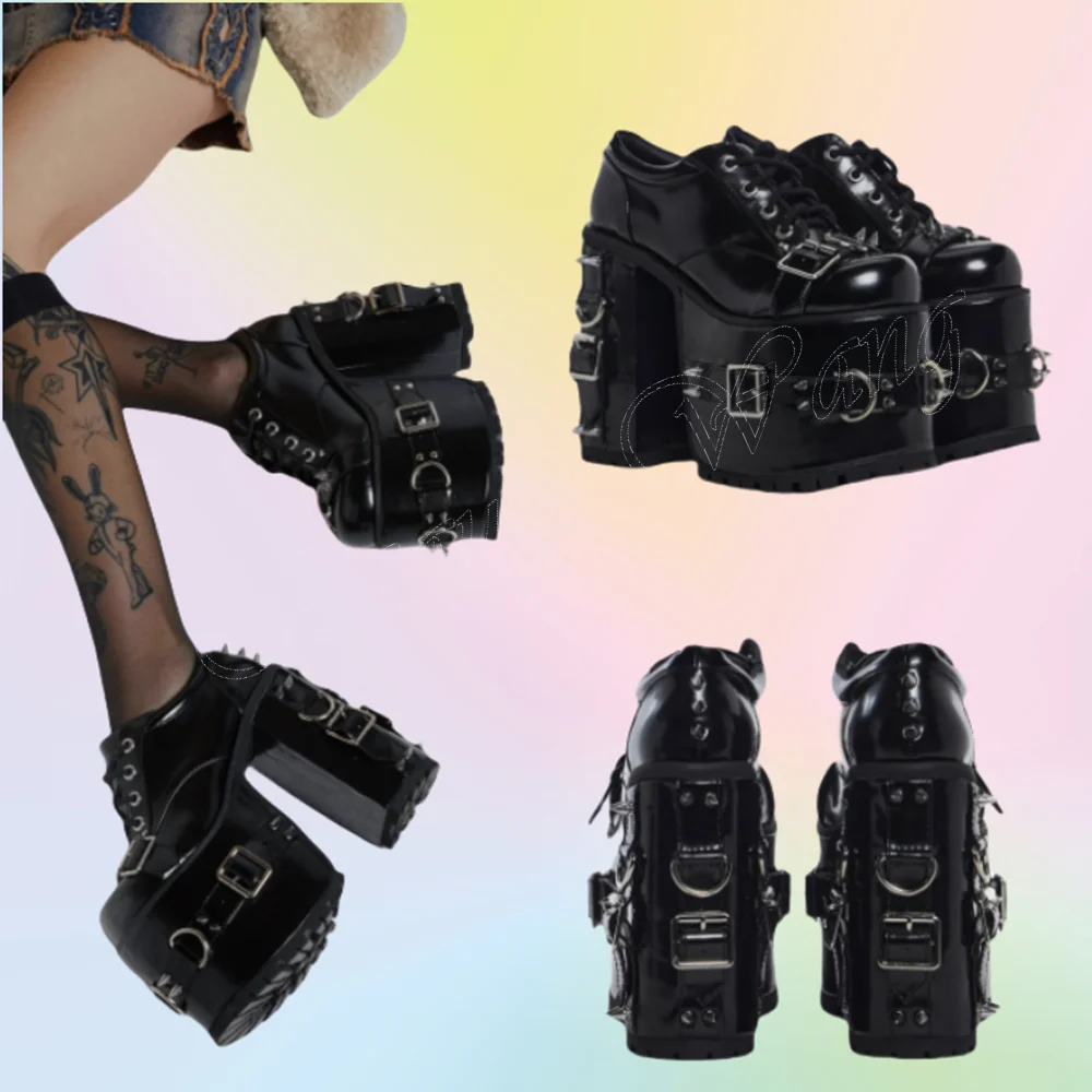 Black Multi Buckle Decor Pumps Boots Platform Lace up Chunky Heel High Heel Shoes for Women Shoes 2024 Zapatos Para Mujere