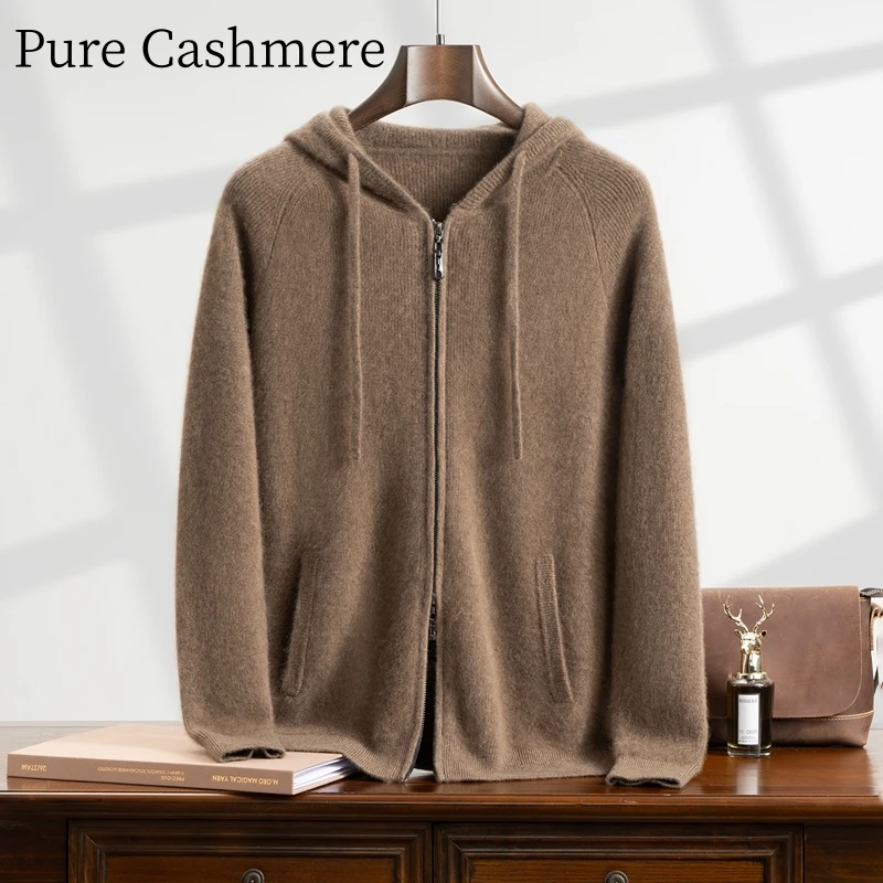 

Роскошный мужской сверхпрочный утолщенный свитер из 100% чистого козьего кашемира в винтажном стиле, кардиган на молнии с капюшоном, мягкий удобный свитер