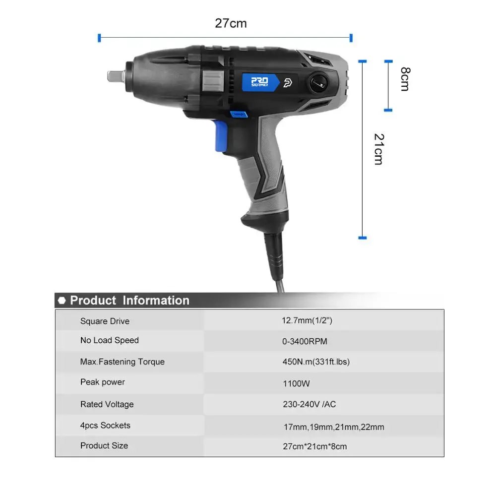 Electric Impact Wrench 1/2 inch 1100W 450N.m 230V Air Spanner Tire Remove Auto Repair Tool 4 Sockets 3400RPM speed by PROSTORMER