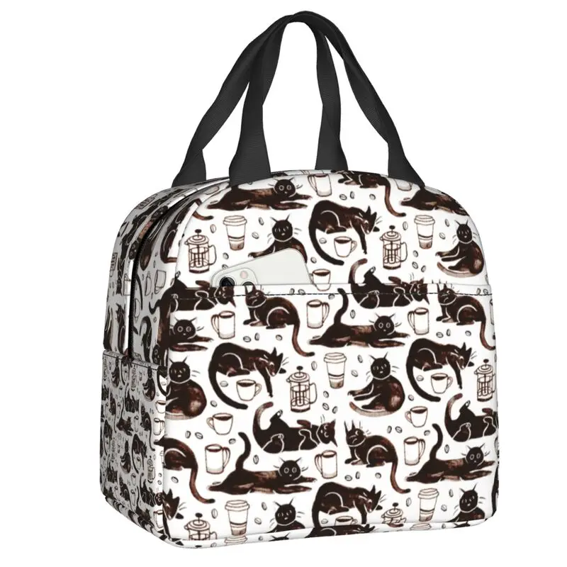 Black Cats Coffee Pattern Insulated Lunch Bag for Women Waterproof Cartoon Kitten Cooler Thermal Lunch Box Kids School Children