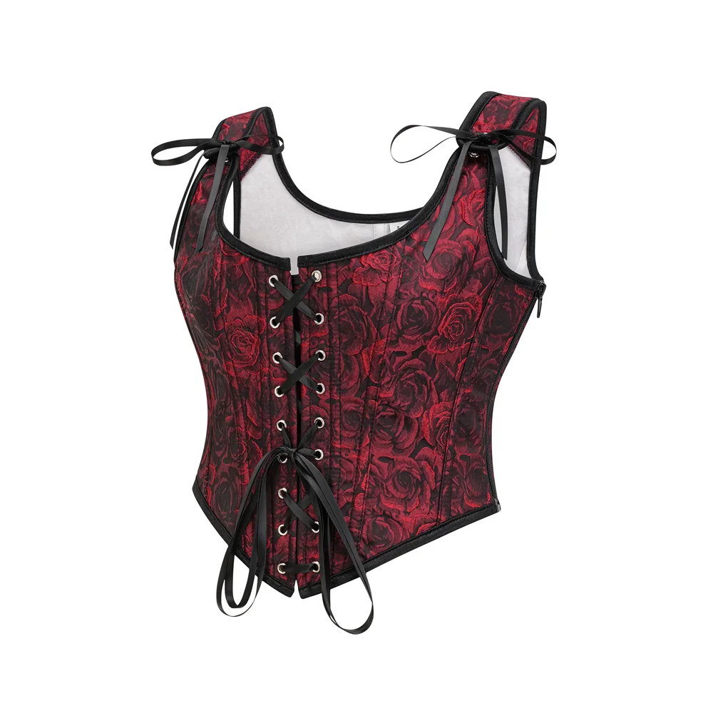 Red Floral Print Overbust Vintage Lace Up Corset Vest Goth Bustier Top Burlesque Costume Women Steampunk Clothing Waist Trainer