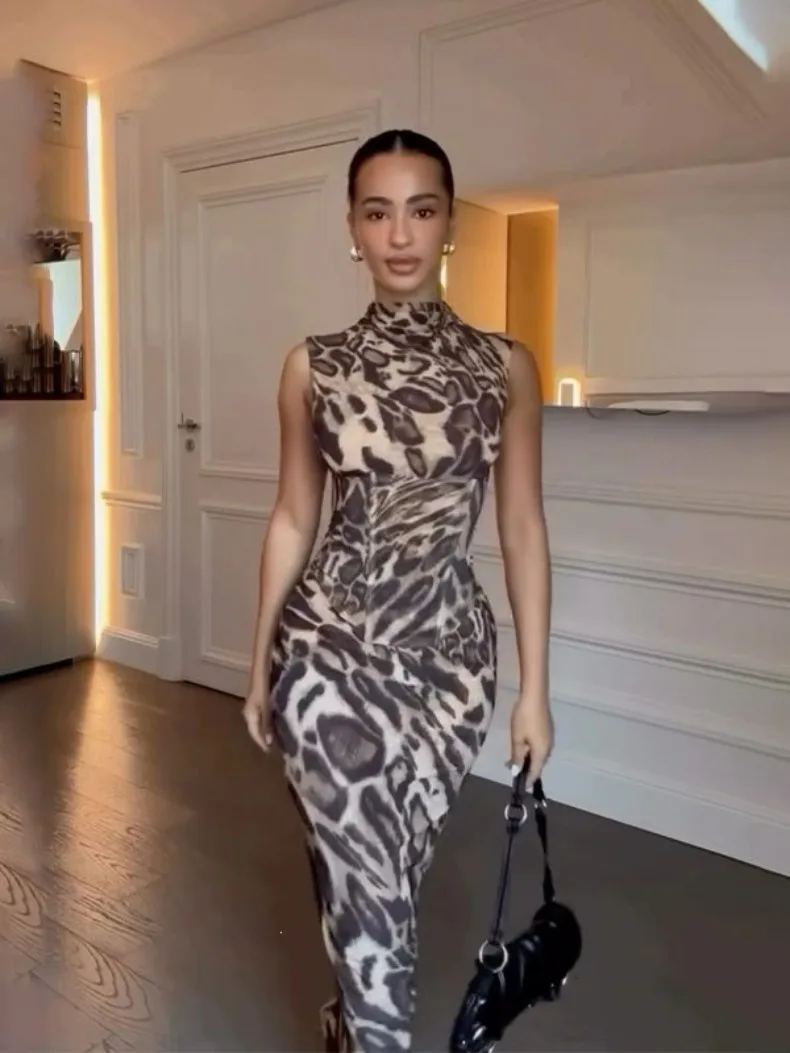 Leopardenmuster Tailliertes Slim-Fit-Kleid für Damen Zweiteiliges Set für Urlaub, Abendessen, Geburtstagsfeier Elegantes Damenkleid – Detail 24