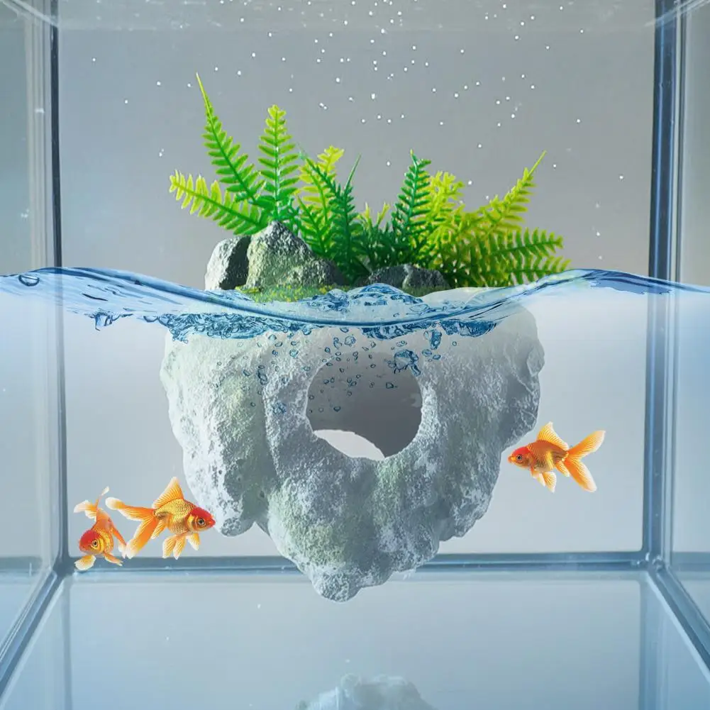 Floating Rock Aquarium Decoration Realistic Moss Rock Ornament with Cave Fish Tank Hideout Shelter for Betta Guppy Shrimp